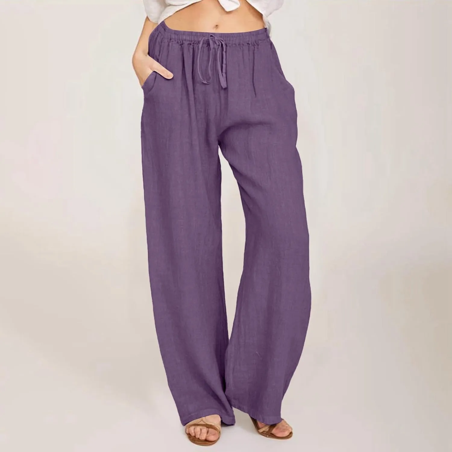 Womens Cotton Linen Summer Printed Pant Trousers Elastic Waisted Stretchy Loose Fit Palazzo Pants Travel