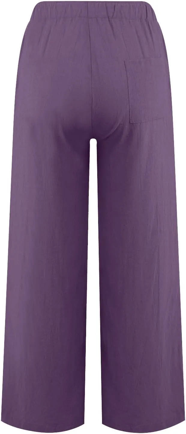 Womens Cotton Linen Summer Printed Pant Trousers Elastic Waisted Stretchy Loose Fit Palazzo Pants Travel