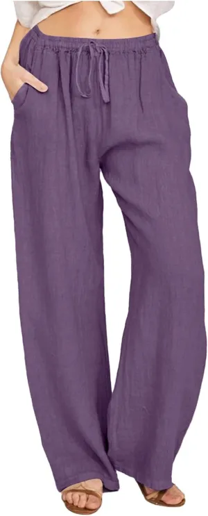 Womens Cotton Linen Summer Printed Pant Trousers Elastic Waisted Stretchy Loose Fit Palazzo Pants Travel