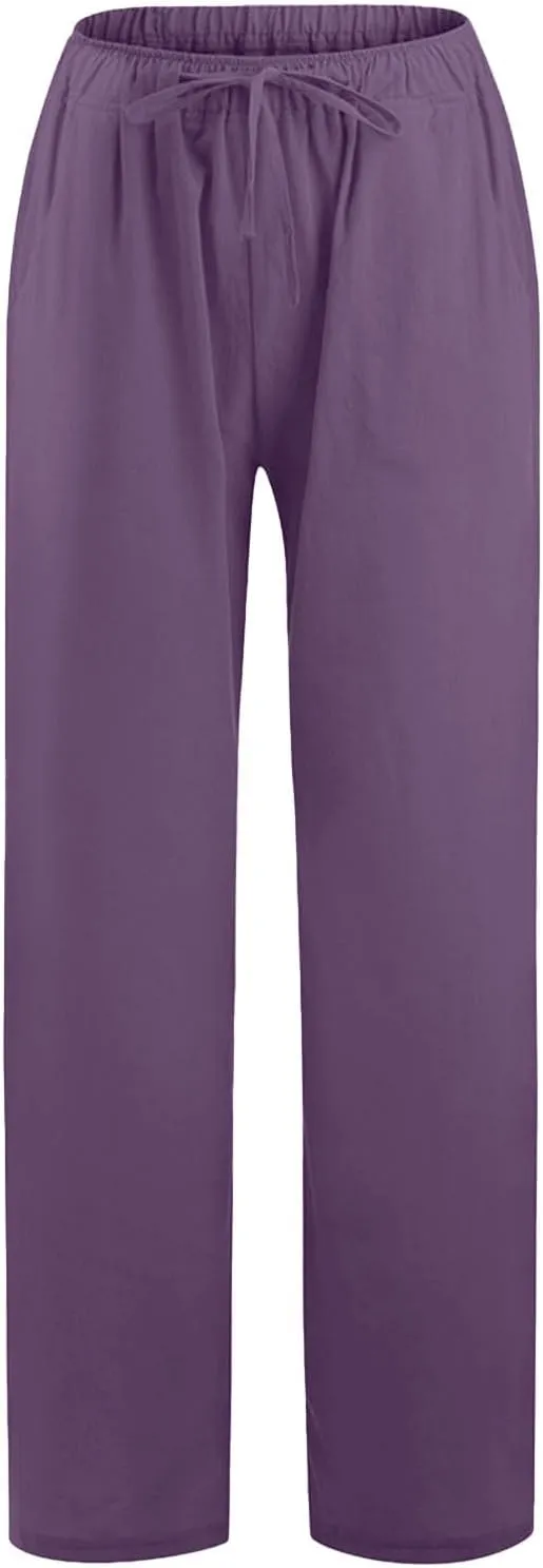 Womens Cotton Linen Summer Printed Pant Trousers Elastic Waisted Stretchy Loose Fit Palazzo Pants Travel