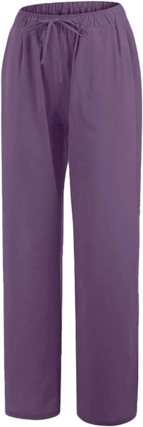 Womens Cotton Linen Summer Printed Pant Trousers Elastic Waisted Stretchy Loose Fit Palazzo Pants Travel