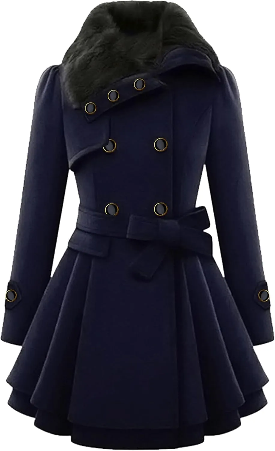 Women's Double Breasted Thick Mid Length Slim Faux Fur Pea Coat Jacket Warm Lapel Jacket Pea Coat