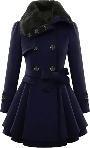 Women's Double Breasted Thick Mid Length Slim Faux Fur Pea Coat Jacket Warm Lapel Jacket Pea Coat