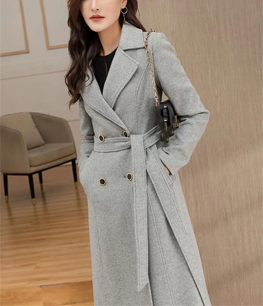Women's Double Breasted Wool Blended Coat Mid-Length Windbreaker Outdoor Warm and Comfortable Parka