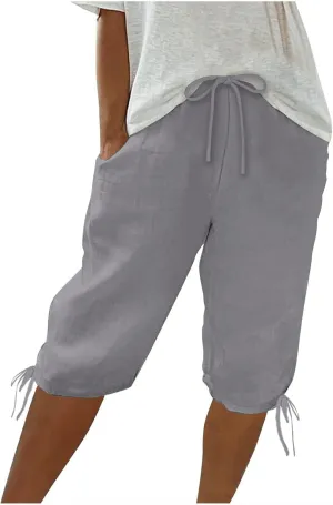 Womens Drawstring Linen Shorts Casual Lightweight Shorts Summer High Waisted Shorts Solid Color Shorts with Pockets