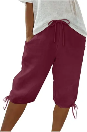 Womens Drawstring Linen Shorts Casual Lightweight Shorts Summer High Waisted Shorts Solid Color Shorts with Pockets