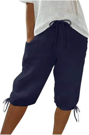 Womens Drawstring Linen Shorts Casual Lightweight Shorts Summer High Waisted Shorts Solid Color Shorts with Pockets
