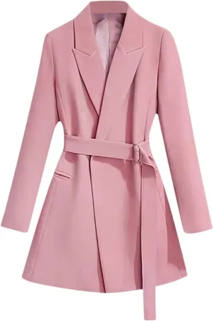 Womens Dressy Blazer Dress Casual Elegant Long Sleeve Lapel Formal Work Office Long Suit Strappy Belt Coat Jackets