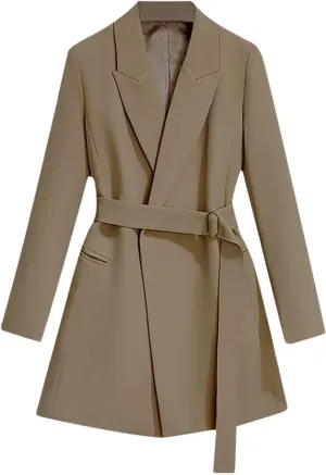 Womens Dressy Blazer Dress Casual Elegant Long Sleeve Lapel Formal Work Office Long Suit Strappy Belt Coat Jackets