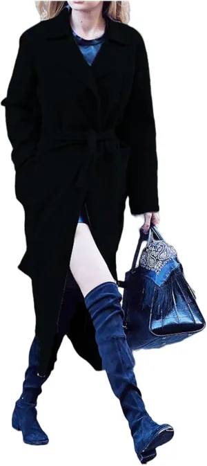Women's Elegant Mid-Length CoatsThicken Warm Wool Blend Coat Solid Color Jackets with Pockets