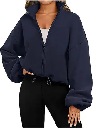 Womens Fashion Oversized Sweatshirts Zip Up Jacket Fleece Cropped Coats Teen Girls Long Sleeve Stand Collar Y2K Clothes