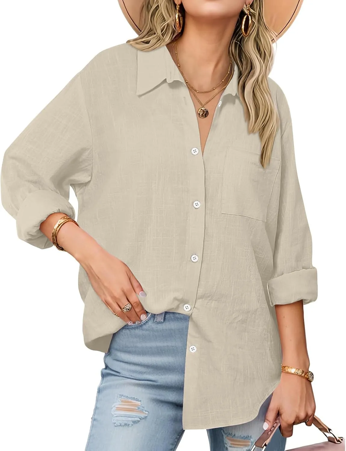 Women's Fashion Solid Cotton Linen Turndown Button Long Sleeve Shirts Summer Casual Loose Office Business Tops 2025