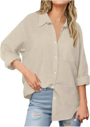 Women's Fashion Solid Cotton Linen Turndown Button Long Sleeve Shirts Summer Casual Loose Office Business Tops 2025