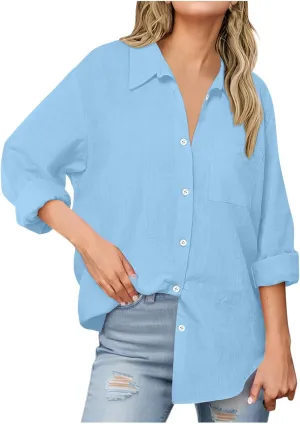 Women's Fashion Solid Cotton Linen Turndown Button Long Sleeve Shirts Summer Casual Loose Office Business Tops 2025