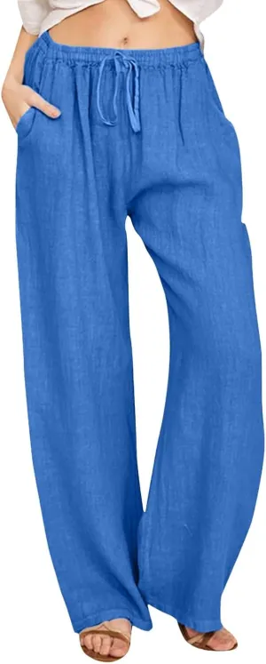 Women's Fashion Summer 2024 Linen Pants Summer Casual Wide Leg Loose Drawstring Trousers with Pockets Trendy