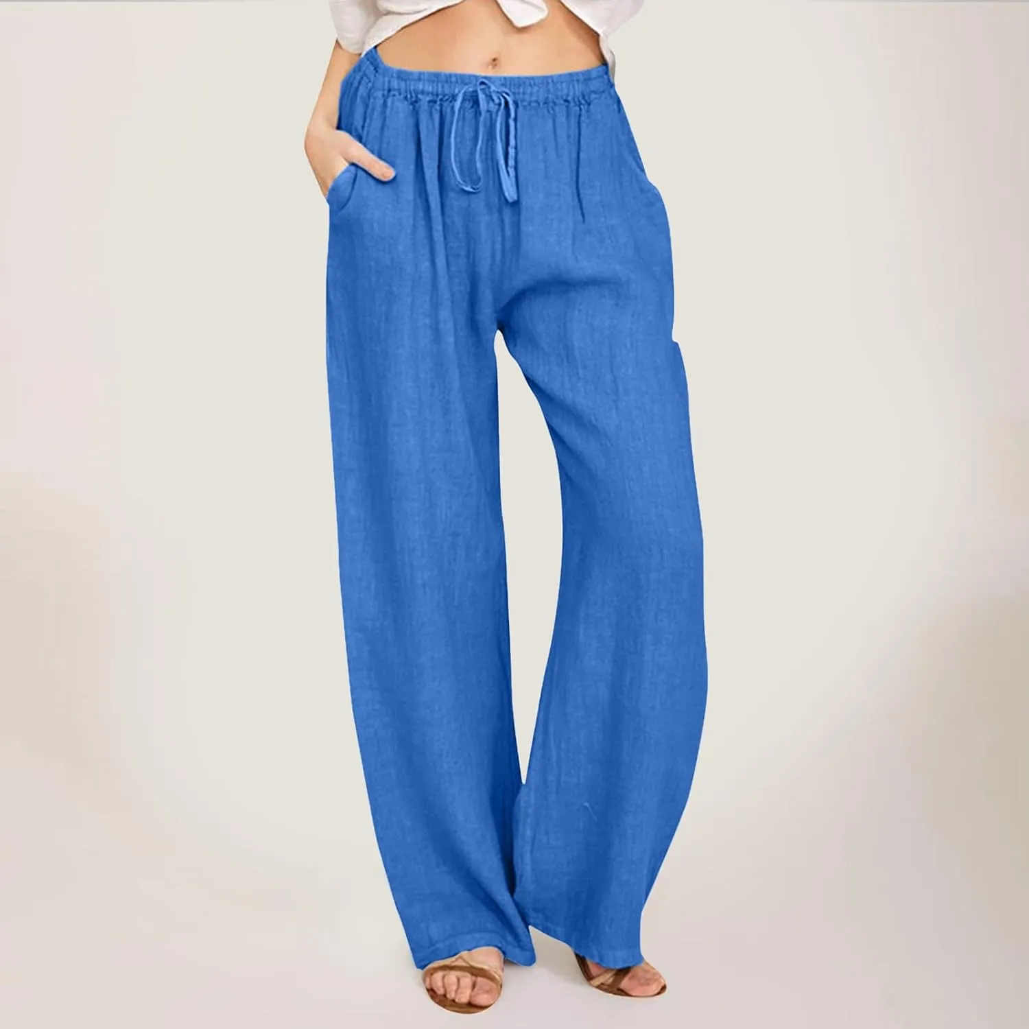 Women's Fashion Summer 2024 Linen Pants Summer Casual Wide Leg Loose Drawstring Trousers with Pockets Trendy