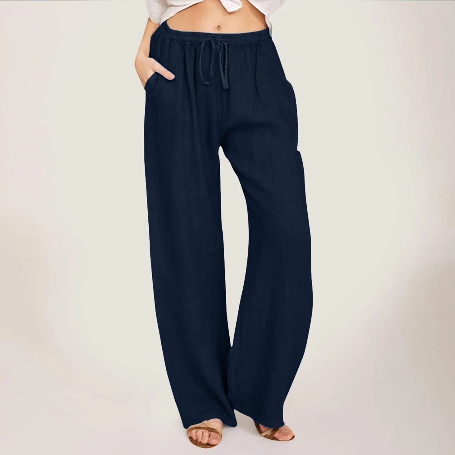 Women's Fashion Summer 2024 Linen Pants Summer Casual Wide Leg Loose Drawstring Trousers with Pockets Trendy