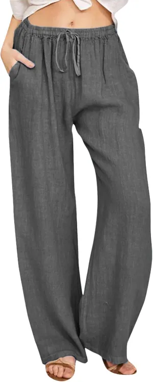 Women's Fashion Summer 2024 Linen Pants Summer Casual Wide Leg Loose Drawstring Trousers with Pockets Trendy