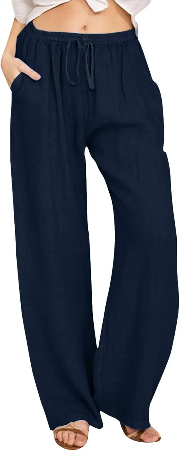 Women's Fashion Summer 2024 Linen Pants Summer Casual Wide Leg Loose Drawstring Trousers with Pockets Trendy