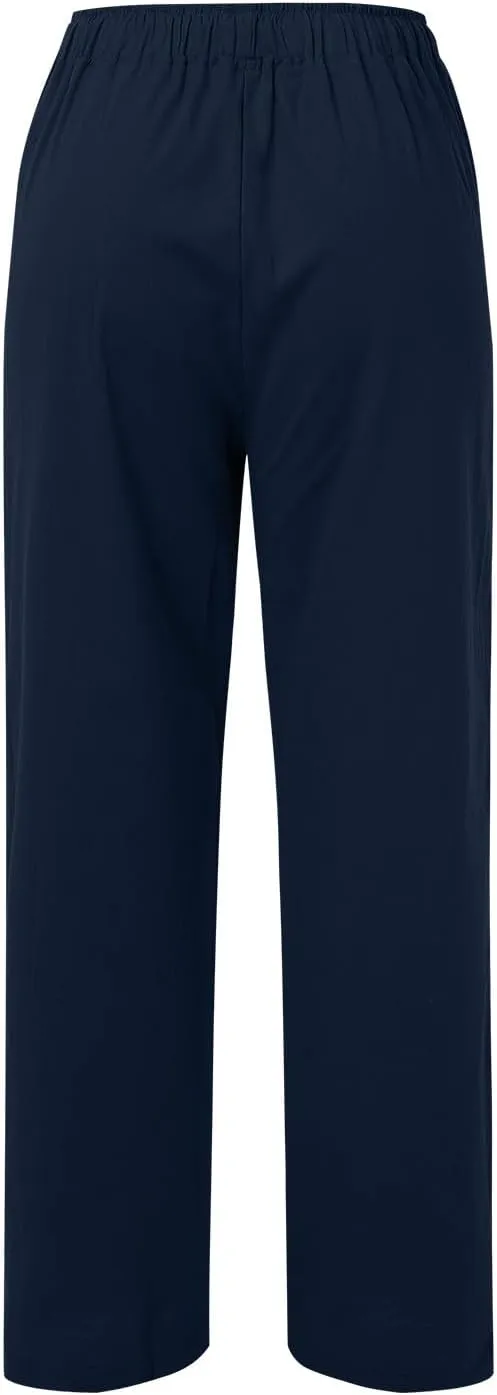 Women's Fashion Summer 2024 Linen Pants Summer Casual Wide Leg Loose Drawstring Trousers with Pockets Trendy