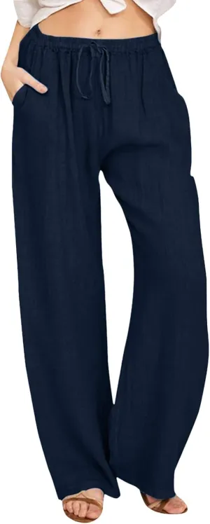 Women's Fashion Summer 2024 Linen Pants Summer Casual Wide Leg Loose Drawstring Trousers with Pockets Trendy
