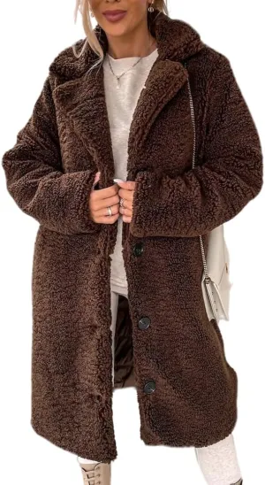 Womens Fuzzy Fleece Winter Coat Lapel Open Front Long Cardigan Coats Faux Fur Warm Outwear Sherpa Jackets with Pockets