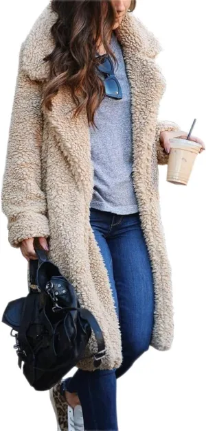 Womens Fuzzy Fleece Winter Coat Lapel Open Front Long Cardigan Coats Faux Fur Warm Outwear Sherpa Jackets with Pockets