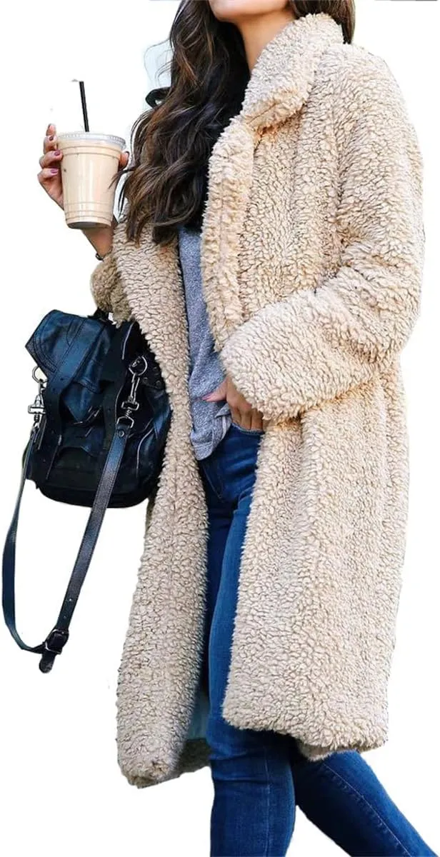 Womens Fuzzy Fleece Winter Coat Lapel Open Front Long Cardigan Coats Faux Fur Warm Outwear Sherpa Jackets with Pockets