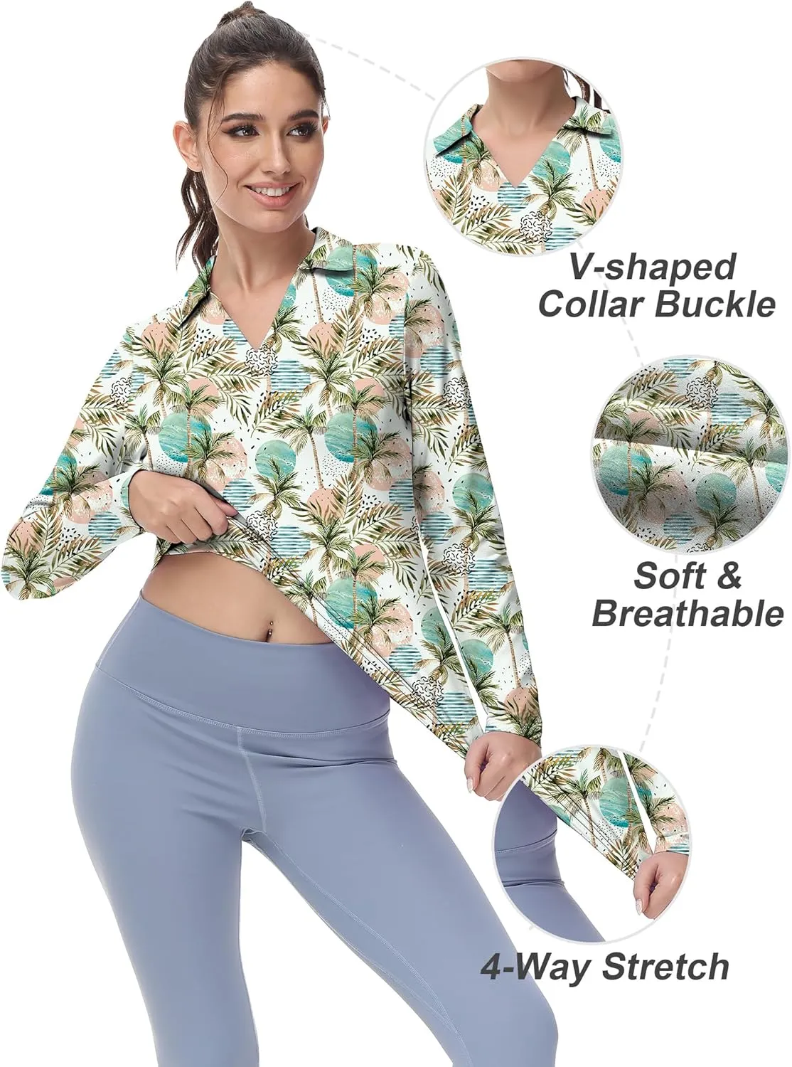Women's Golf Polo Shirts Long Sleeve Workout Tops V Neck UPF 50  Sun Protection Quick Dry Lightweight Active Shirts