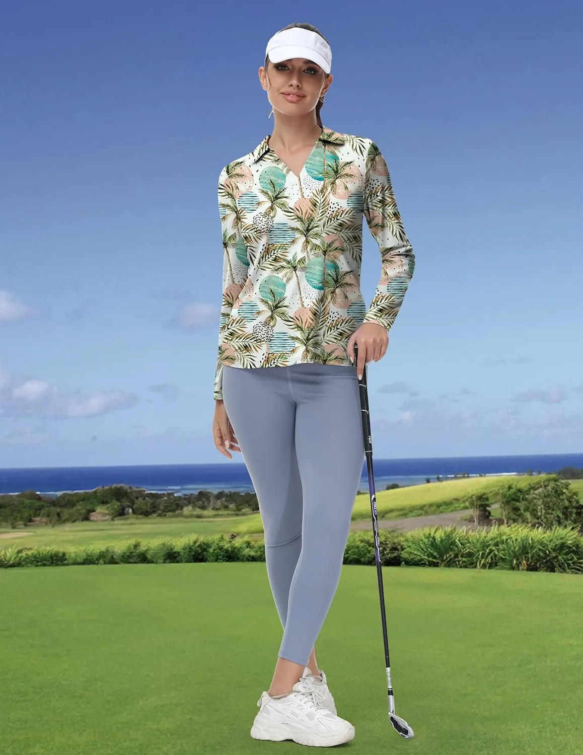 Women's Golf Polo Shirts Long Sleeve Workout Tops V Neck UPF 50  Sun Protection Quick Dry Lightweight Active Shirts