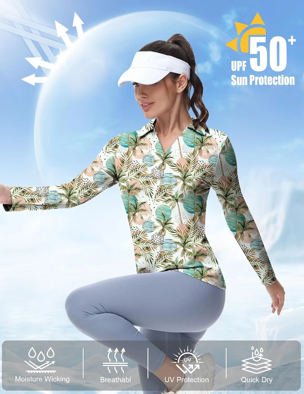 Women's Golf Polo Shirts Long Sleeve Workout Tops V Neck UPF 50  Sun Protection Quick Dry Lightweight Active Shirts