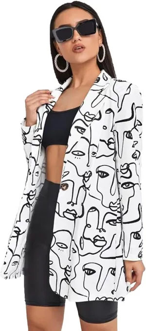 Women's Graphic Printed Blazer Button Open Front Colorful Long Sleeve Notch Lapel Pop Art Jacket Multicolored