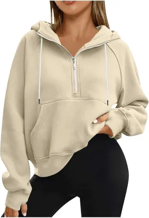 Womens Half Zip Up Hoodies Trendy Cropped Long Sleeve Loose Hooded Pullover Sweatshirt Fall y2k Outfits Clothes