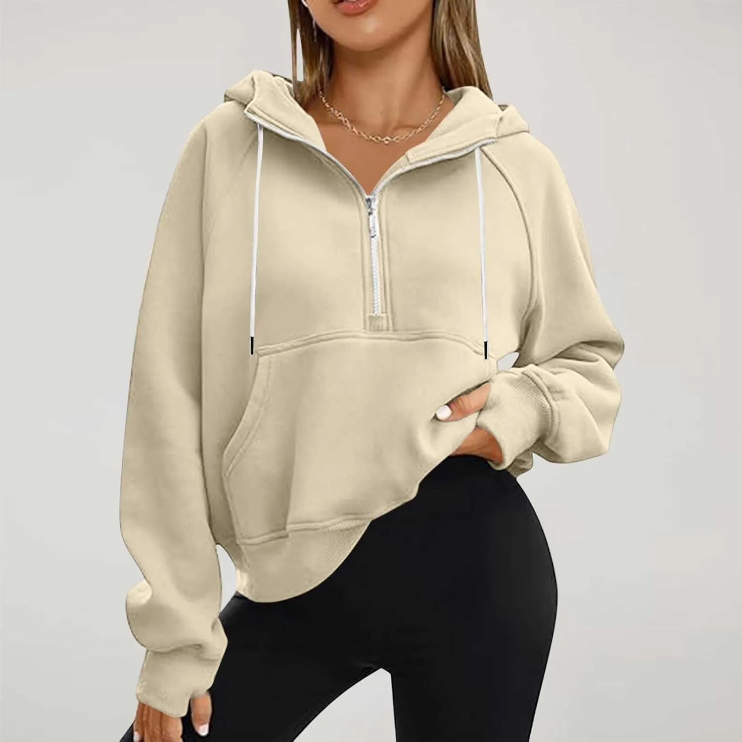 Womens Half Zip Up Hoodies Trendy Cropped Long Sleeve Loose Hooded Pullover Sweatshirt Fall y2k Outfits Clothes