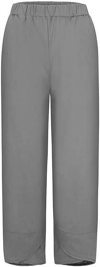 Women's High Elastic Waist Pleated Loose Chiffon Wide Leg Capri Pants Culottes Casual Pleated Plain Long Palazzo Pants