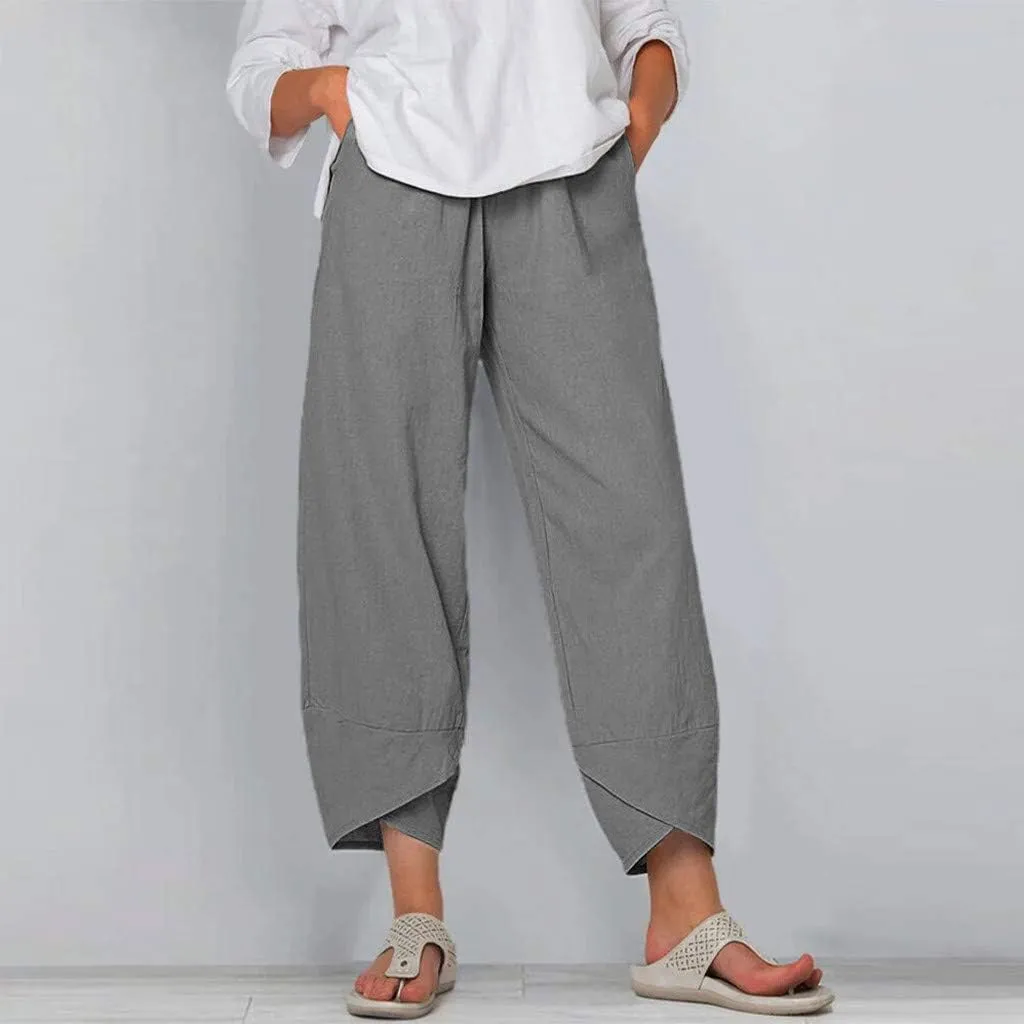 Women's High Elastic Waist Pleated Loose Chiffon Wide Leg Capri Pants Culottes Casual Pleated Plain Long Palazzo Pants