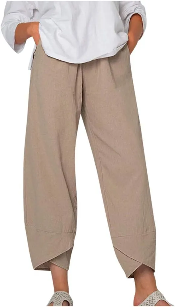 Women's High Elastic Waist Pleated Loose Chiffon Wide Leg Capri Pants Culottes Casual Pleated Plain Long Palazzo Pants