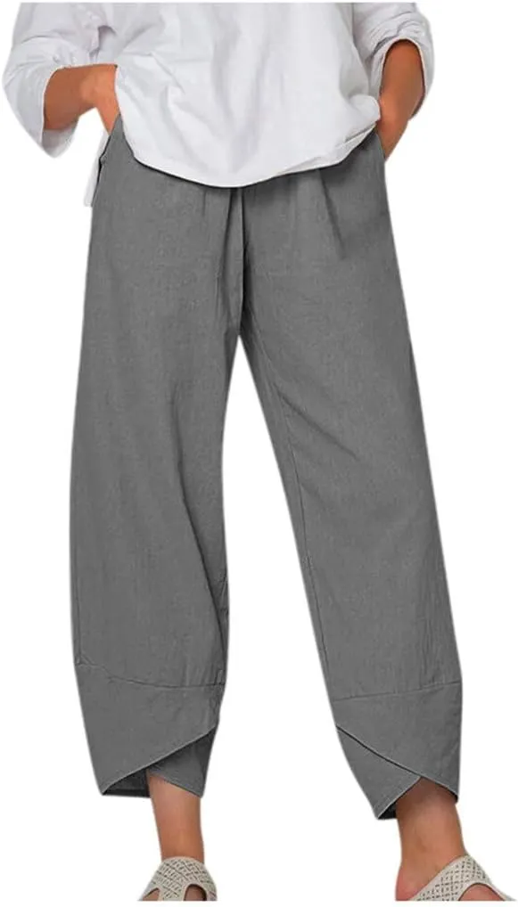 Women's High Elastic Waist Pleated Loose Chiffon Wide Leg Capri Pants Culottes Casual Pleated Plain Long Palazzo Pants