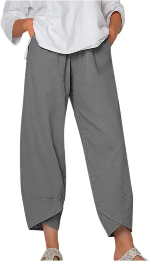 Women's High Elastic Waist Pleated Loose Chiffon Wide Leg Capri Pants Culottes Casual Pleated Plain Long Palazzo Pants