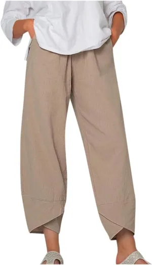 Women's High Elastic Waist Pleated Loose Chiffon Wide Leg Capri Pants Culottes Casual Pleated Plain Long Palazzo Pants