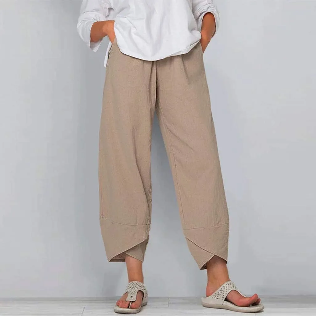 Women's High Elastic Waist Pleated Loose Chiffon Wide Leg Capri Pants Culottes Casual Pleated Plain Long Palazzo Pants