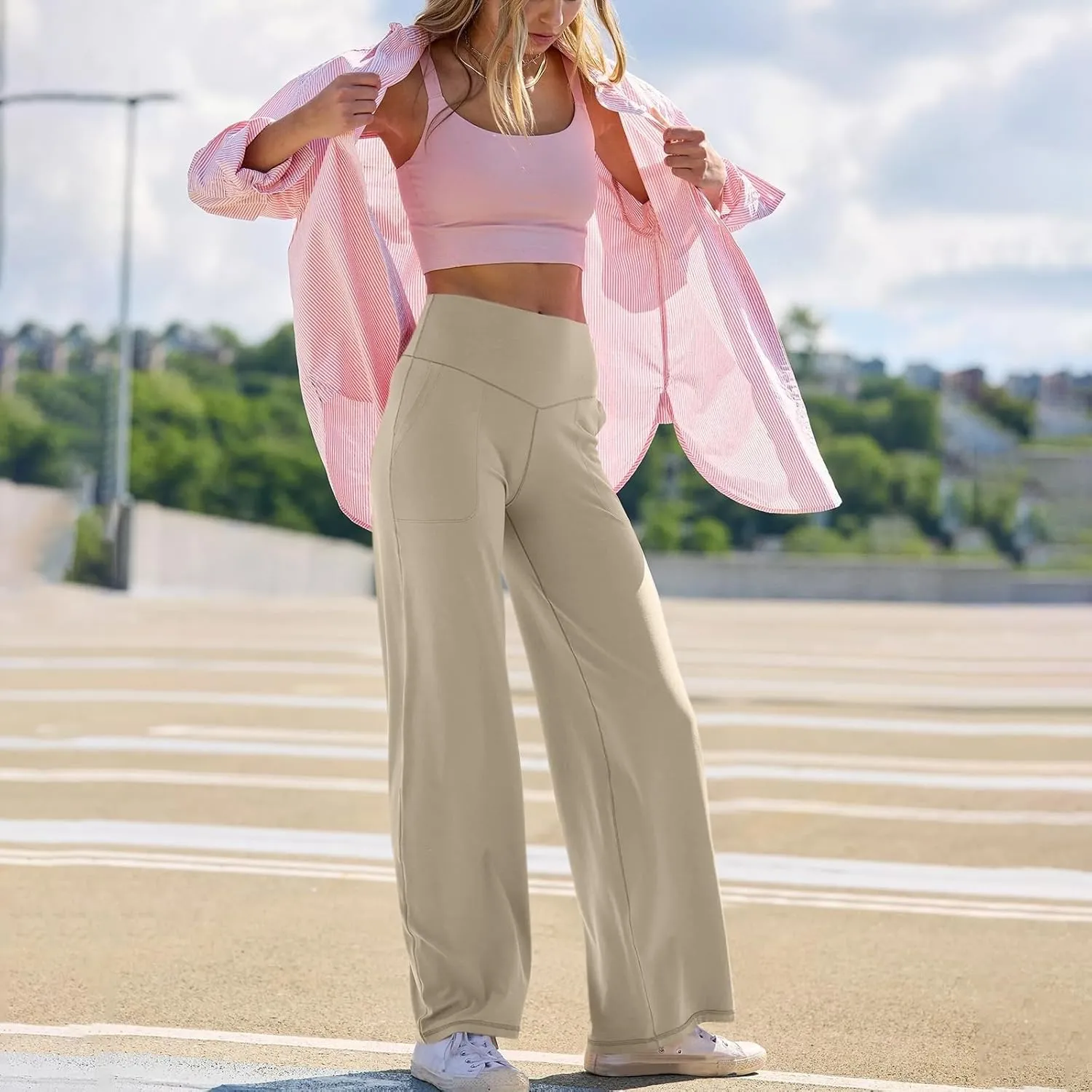 Womens High Waist Yoga Pants Wide Leg Lightweight Buttery Soft Sports Joggers Trousers Pocket Casual Dressy Slacks