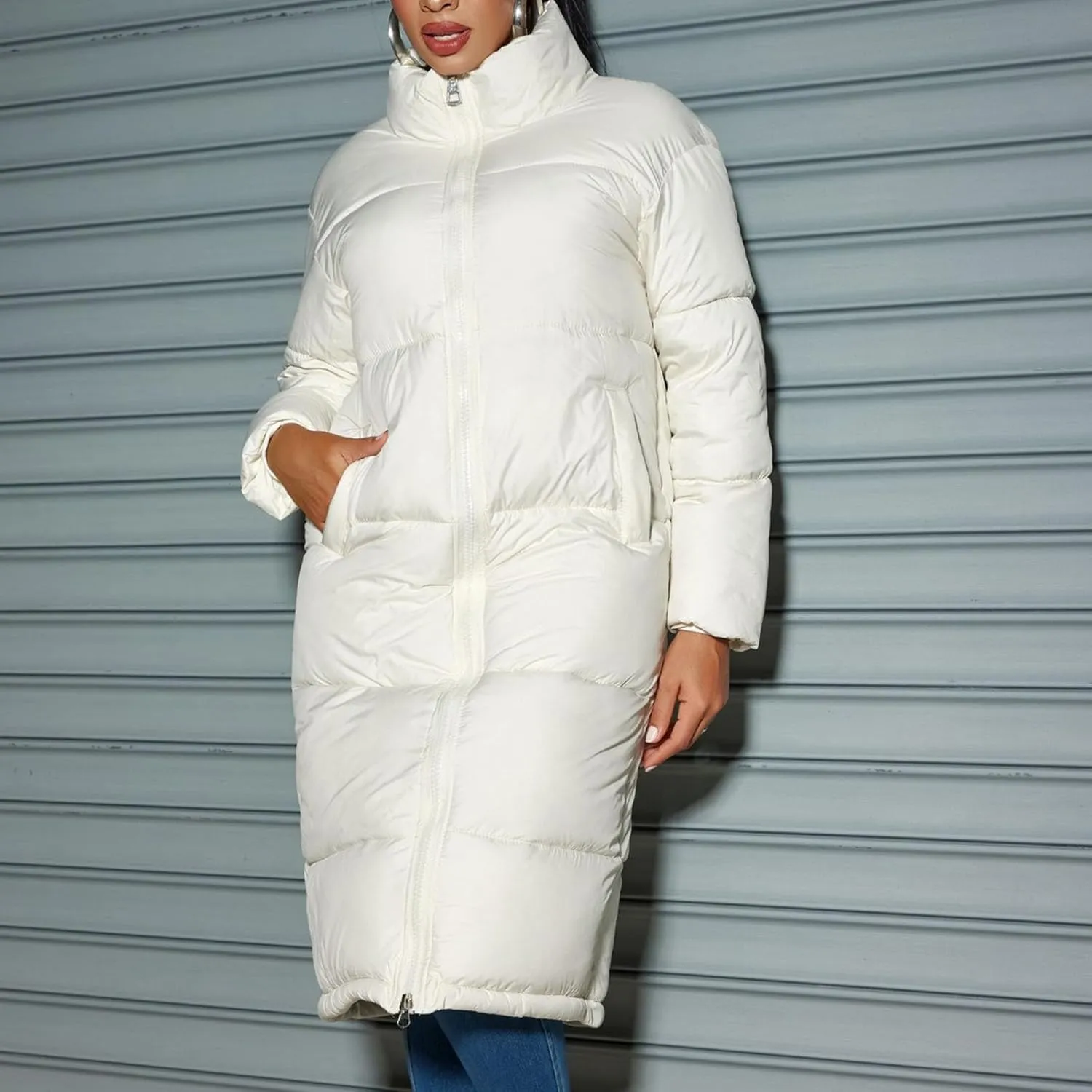 Womens Hoodless Quilted Puffer Jacket Mid-Length Padded Down Jacket Winter Warm Heavyweight Coat Outwear with Pocket