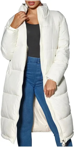 Womens Hoodless Quilted Puffer Jacket Mid-Length Padded Down Jacket Winter Warm Heavyweight Coat Outwear with Pocket