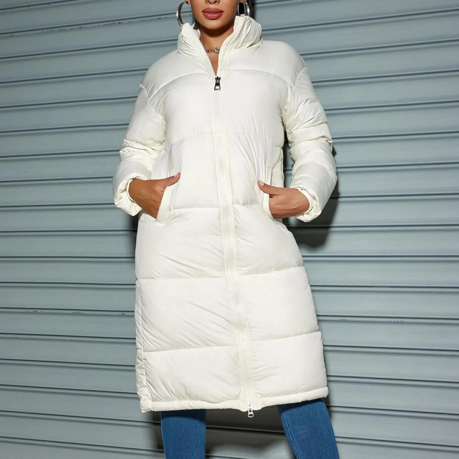 Womens Hoodless Quilted Puffer Jacket Mid-Length Padded Down Jacket Winter Warm Heavyweight Coat Outwear with Pocket