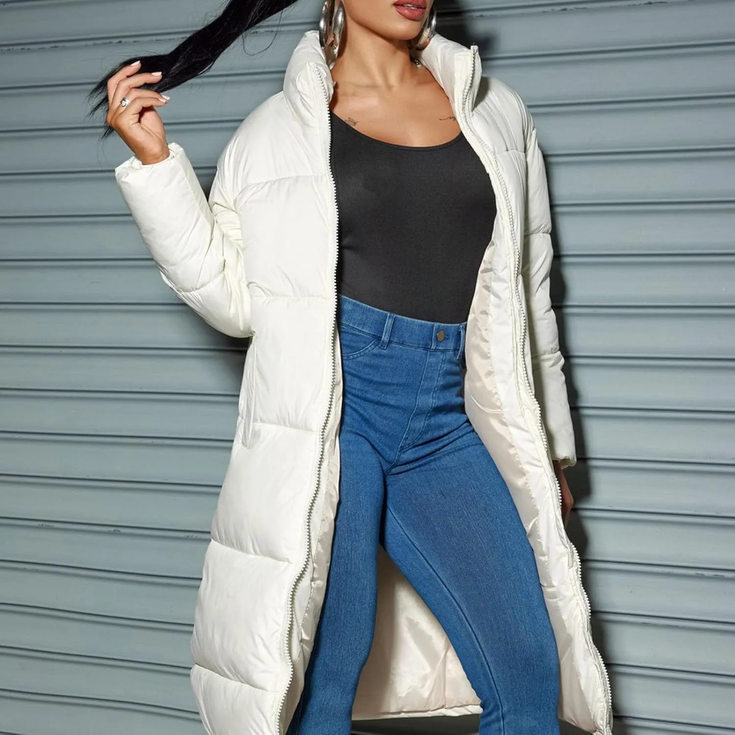 Womens Hoodless Quilted Puffer Jacket Mid-Length Padded Down Jacket Winter Warm Heavyweight Coat Outwear with Pocket