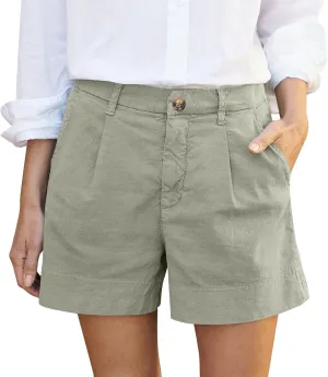Womens Linen Shorts Summer Business Casual Button High Waisted Shorts Baggy Wide Leg Lounge Chino Shorts with Pockets