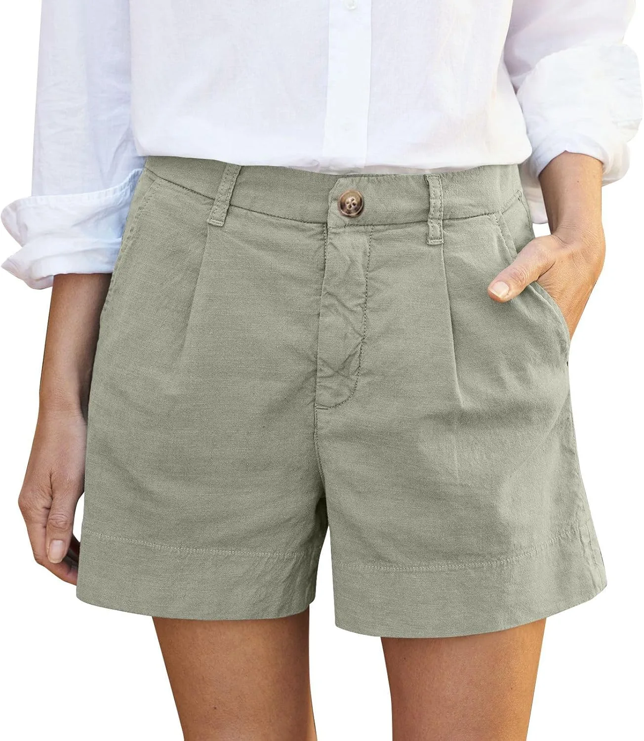 Womens Linen Shorts Summer Business Casual Button High Waisted Shorts Baggy Wide Leg Lounge Chino Shorts with Pockets