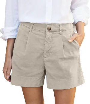 Womens Linen Shorts Summer Business Casual Button High Waisted Shorts Baggy Wide Leg Lounge Chino Shorts with Pockets