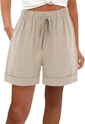 Womens Linen Shorts with Pockets High Waisted 2025 Summer Shorts Fashion Beach Cruise Shorts Soft Loungewear